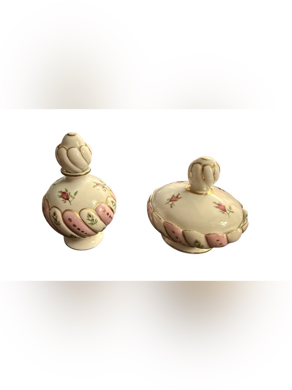 Vintage Porcelain Vanity Set Pink Roses Gold Trim – 2 Piece Perfume Powder